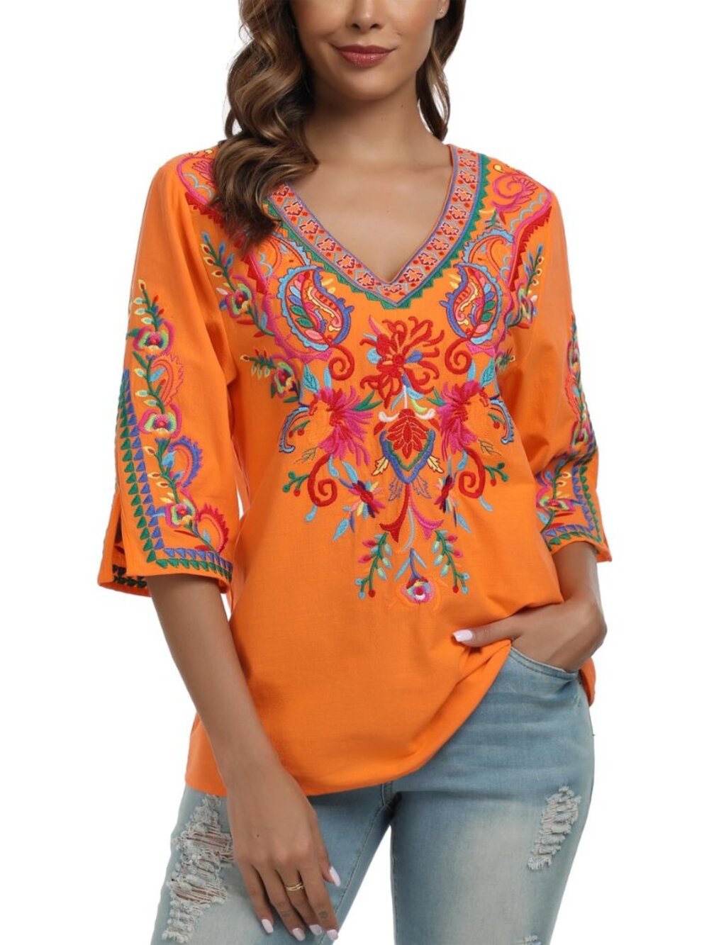 Womens Mexican Boho Floral Embroidered Tops V Neck 3/4 Sleeve Tunic Blouse